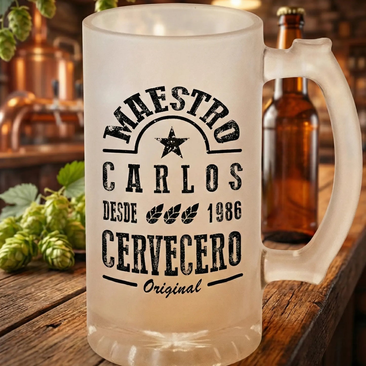 Jarra de Cerveza Esmerilizada - Diseño Maestro Cervecero TAZAMAGICA
