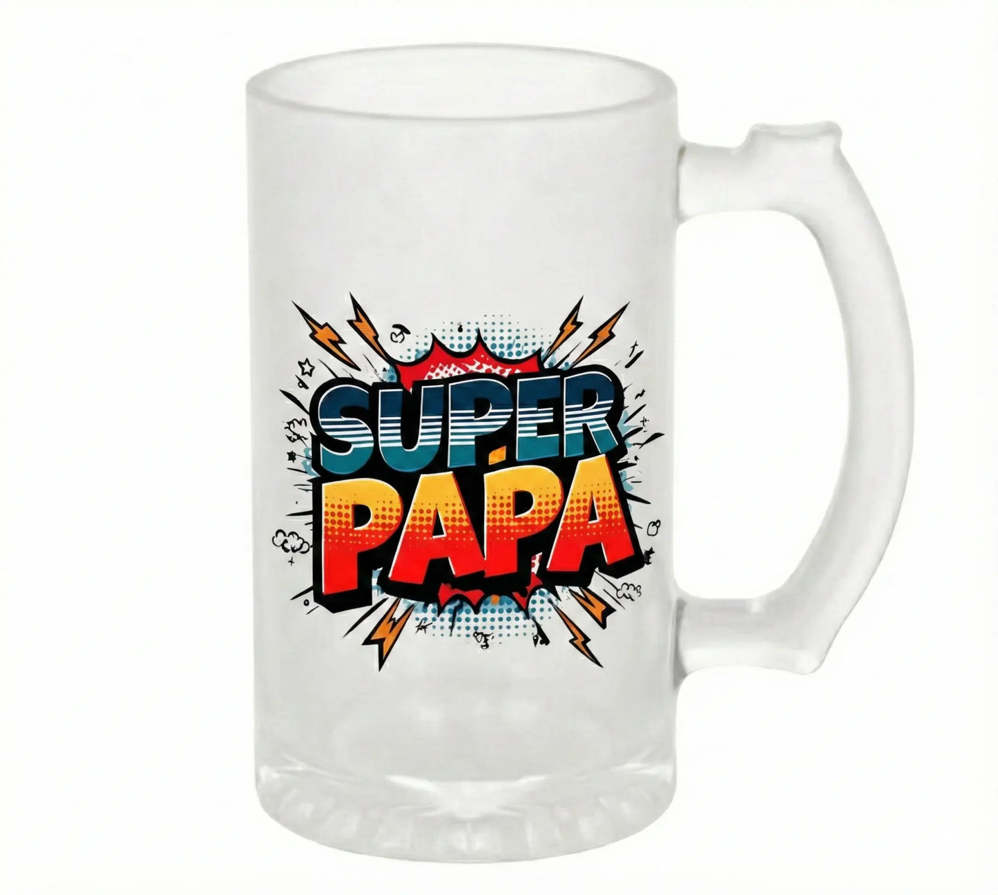 Jarra de Cerveza Esmerilada - Diseño Super Papá Estilo Cómic TAZAMAGICA